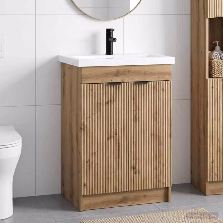 Set di mobili per il bagno moderno vidaXL in legno e metallo, colore marrone e nero, con ante a battente e ripiani interni, freestanding
