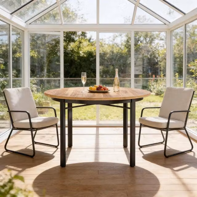Tavolo da pranzo rotondo per 4-6 persone con piano in MDF e gambe in metallo nero marrone 118,5 × 118,5 × 76 cm