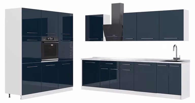 Cucina componibile Vicco Fame-Line Blu scuro lucido/Bianco 460 cm, PL Marmo, Model 63832