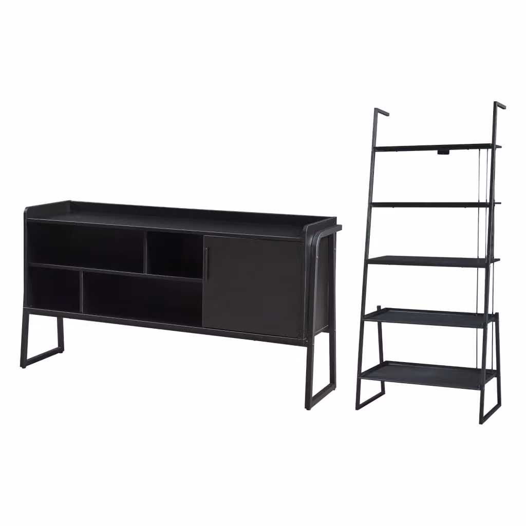 Set Storfjord en.casa composto da mobile TV e scaffale a scala in metallo e materiale composito, colore nero opaco – 2