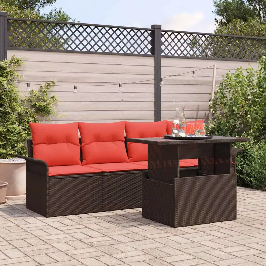 Set Divano da Giardino vidaXL 5 Pezzi in Polyrattan Marrone con Cuscini e Tavolino, Struttura in Acciaio Verniciato a Polvere e Design Moderno per Terrazza e Giardino