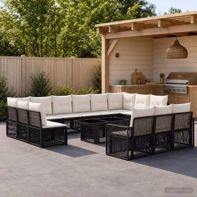 Set Divano da Giardino vidaXL in Polyrattan 14 Pezzi con Tavolino e Cuscini, Colore Nero e Bianco Crema, Forma a U – 1