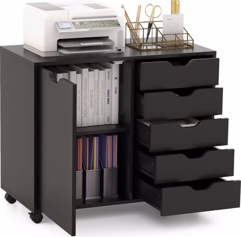 COSTWAY Cassettiera a 5 cassetti con anta, Cassettiera mobile con ripiano regolabile Armadio per archiviazione Supporto per stampante con 5 rotelle nero