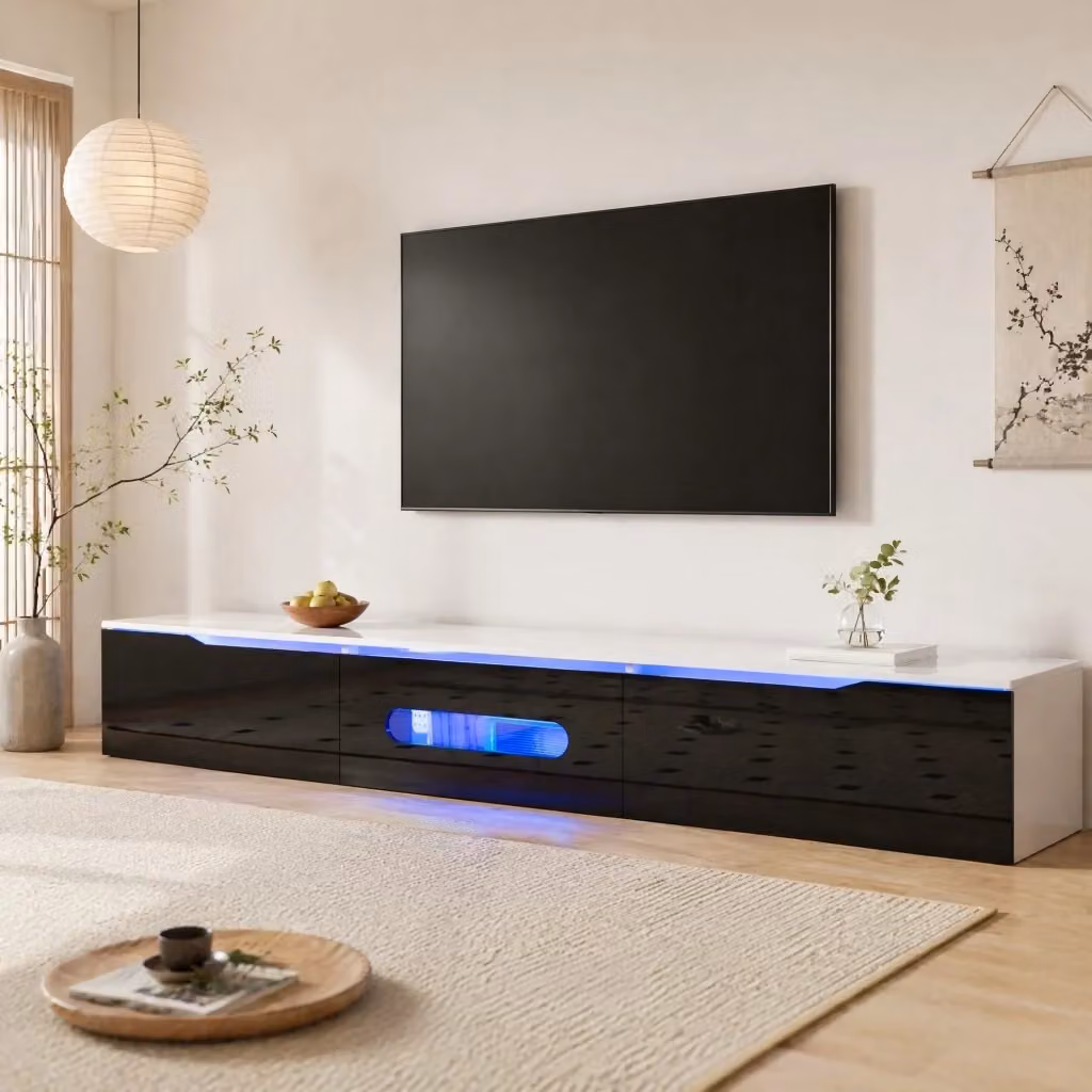 Mobile TV moderno MODFU con illuminazione LED integrata, nero e bianco, L 180 cm x P 35 cm x H 30 cm – 2