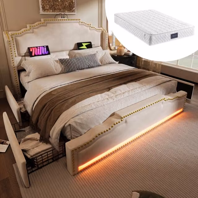 Letto 140x200 cm beige - 4 cassetti, LED e USB-C, con materasso