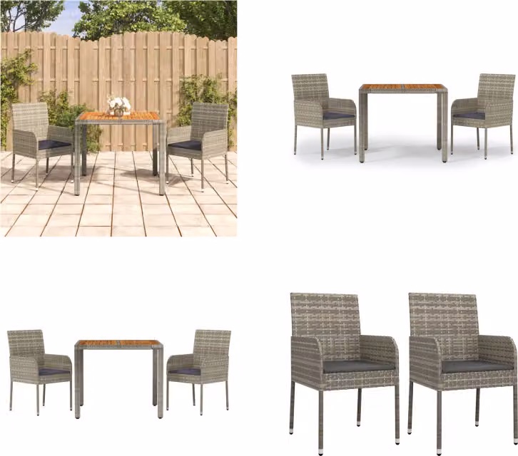 vidaXL Set da pranzo da giardino 3 pezzi con cuscini in poly rattan grigio - Set da pranzo da giardino - Set da pranzo da giardino - Set da pranzo da terrazza