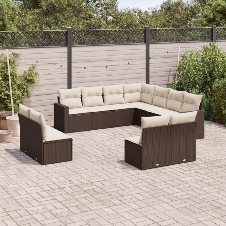 vidaXL Set Divani da Giardino 11 pz a Forma a U in Polyrattan Marrone con Cuscini Bianchi