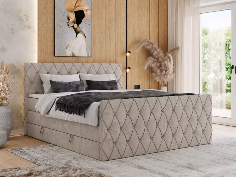 Letto con rete a molle MKS MEBLE, 140 x 200 cm, con contenitore, letto 140 x 200 cm con materasso H3, letto con rete a molle 140 x 200 cm con topper - Miren King Duo - Beige strutturato - H3