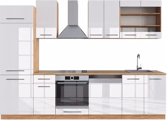 Cucina componibile moderna Fame-Line Vicco Bianco lucido e Rovere dorato L: 300 cm senza piano di lavoro