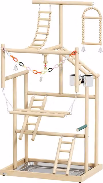 Trespolo per Pappagalli PawHut in Legno Naturale con Giochi, Scale, Catene, Ciotole e Vassoio Rimovibile