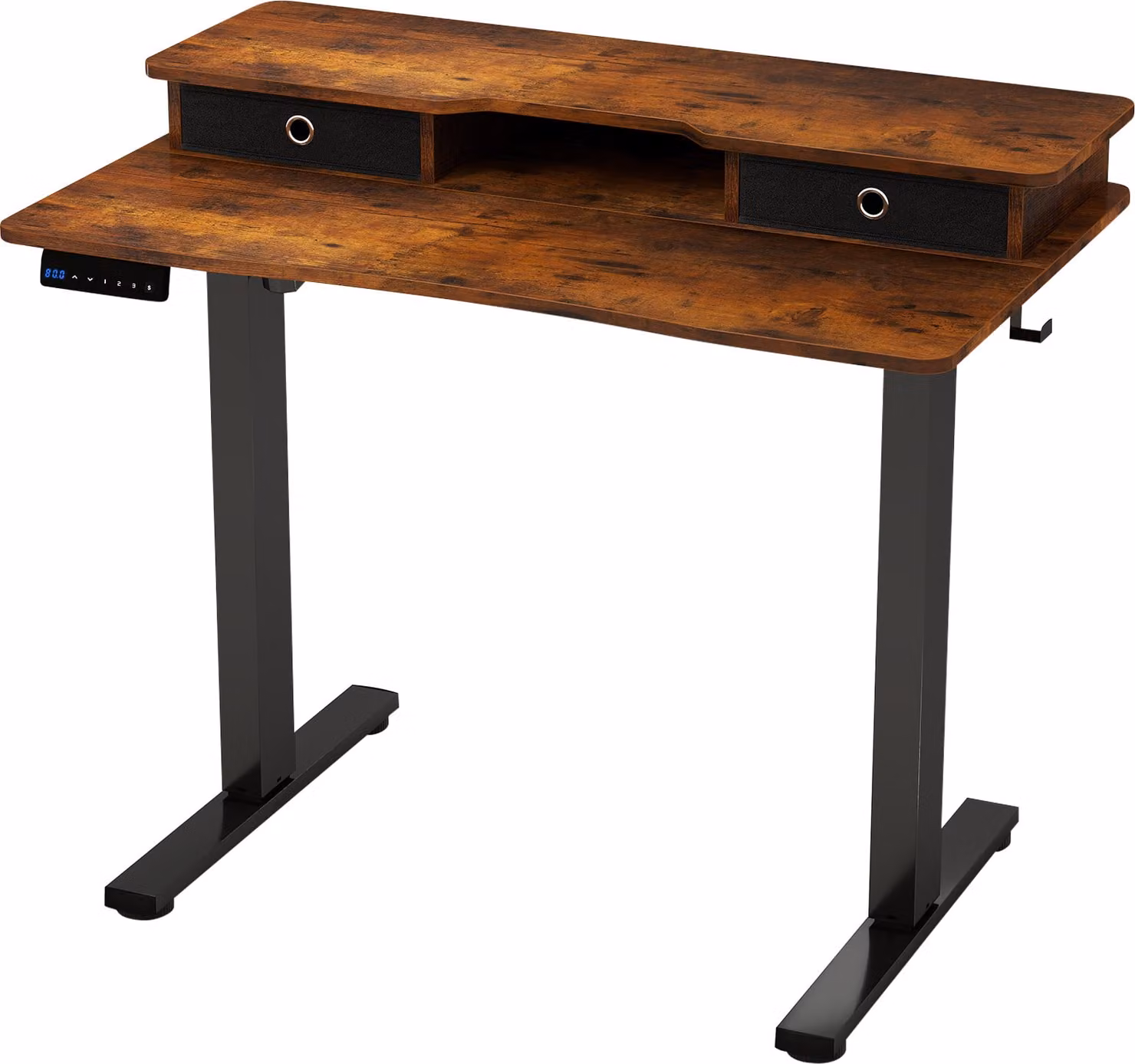 COSTWAY scrivania regolabile in altezza, scrivania elettrica per computer 100x60cm con supporto per monitor, cassetti, ripiani e 2 ganci, marrone