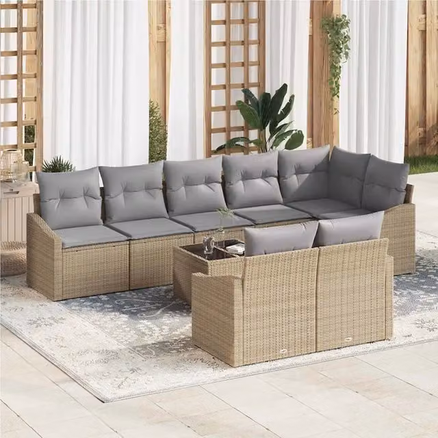 Set Divano da Giardino vidaXL 9 Pezzi a Forma di L con Tavolino, Colore Beige e Grigio, Struttura in Metallo e Polyrattan con Cuscini Inclusi