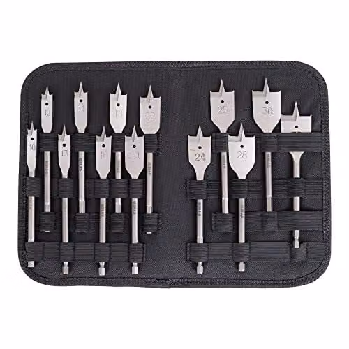 Set di 13 punte da fresatura piatte STIER, 10 - 32 mm, 1/4 di pollice, pronte all'uso nella custodia da trasporto in tessuto, gambo esagonale adatto per avvitatori a batteria, foratura semplice e precisa grazie alla punta