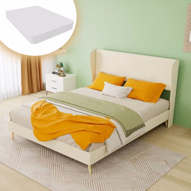 Letto matrimoniale 140x200 cm beige in tessuto e metallo con testiera imbottita, senza materasso
