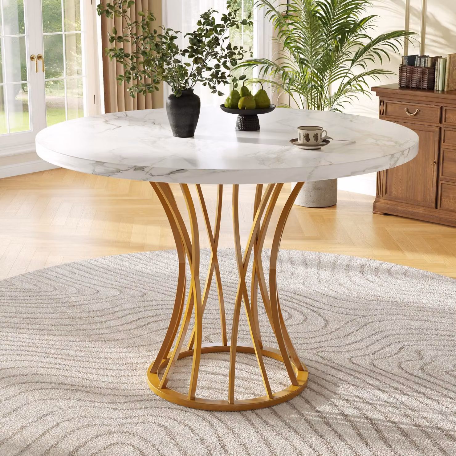 Tavolo da pranzo rotondo (diametro 80 cm) in look marmo per 4-6 persone con gambe dorate