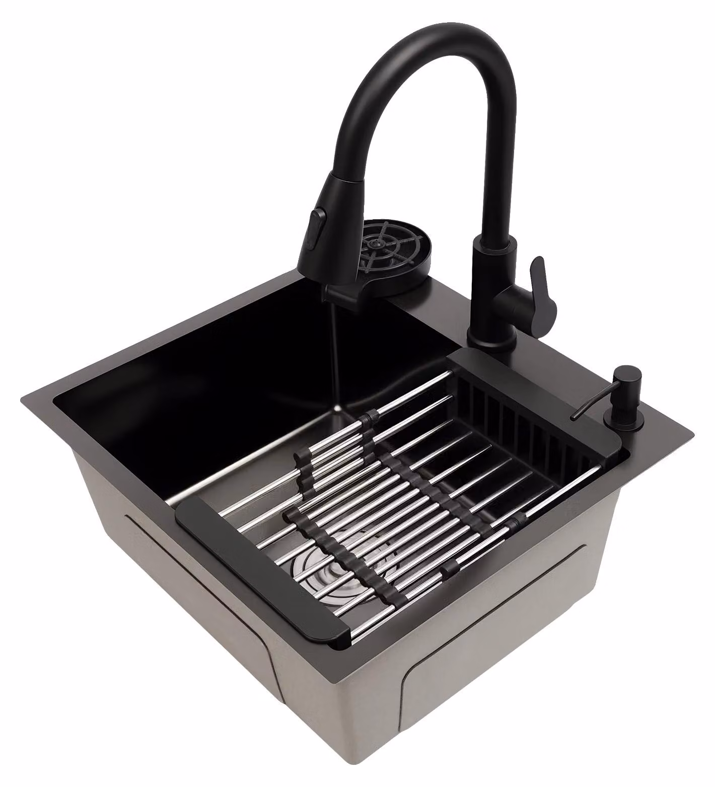 Lavello da cucina, dimensioni 50x45 cm, vasca singola, installazione a incasso, acciaio inossidabile 201, miscelatore estraibile con getto d'acqua e funzione doccia