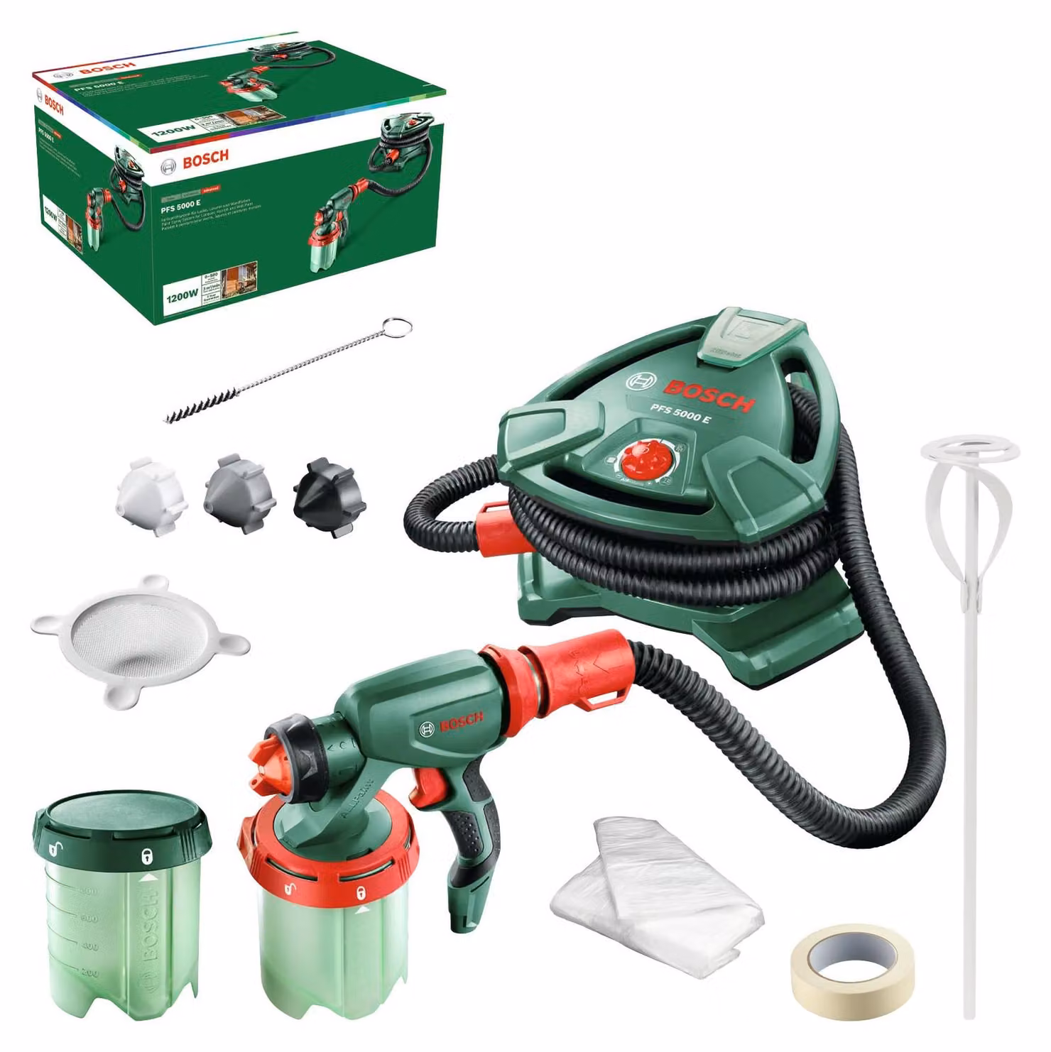 Sistema a spruzzo per vernici Bosch PFS 5000 E (1200 W, 2 contenitori per vernici da 1000 ml, ugelli per vernici murali, vernici lucide, smalti, in cartone) - Edizione Amazon