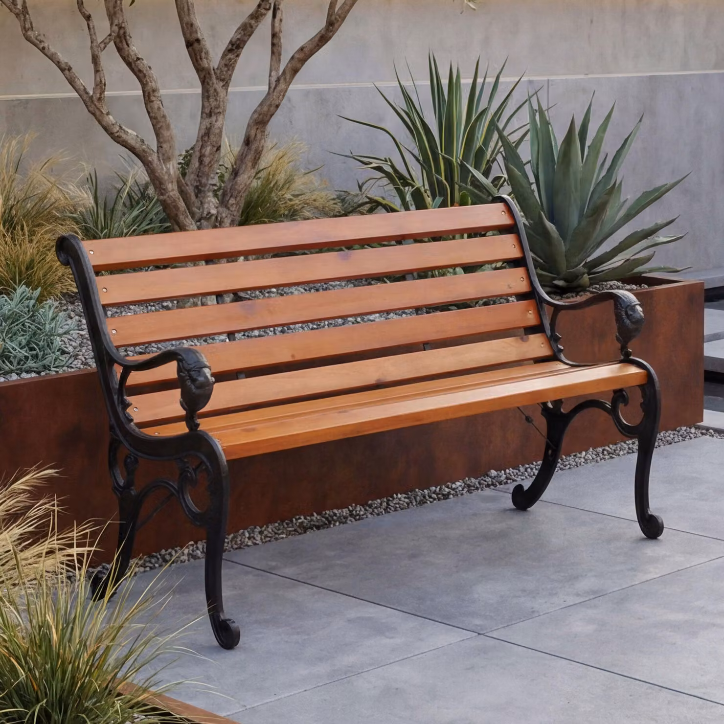 Panchina da giardino HWC-O25, panchina da parco Panchina in legno a 2 posti, ghisa Legno di pino, 132 cm ~ teak