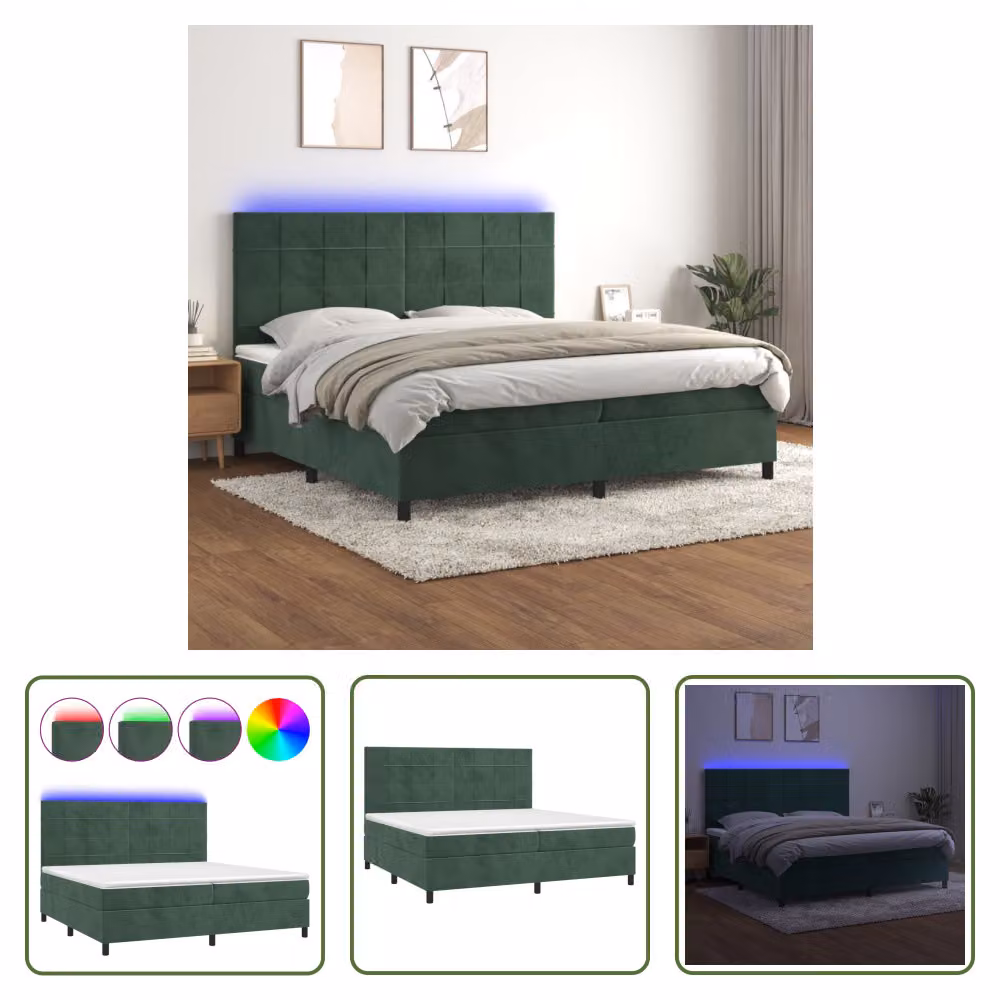 The Living Store Letto a molle con materasso e LED Verde scuro 200x200 cm in velluto