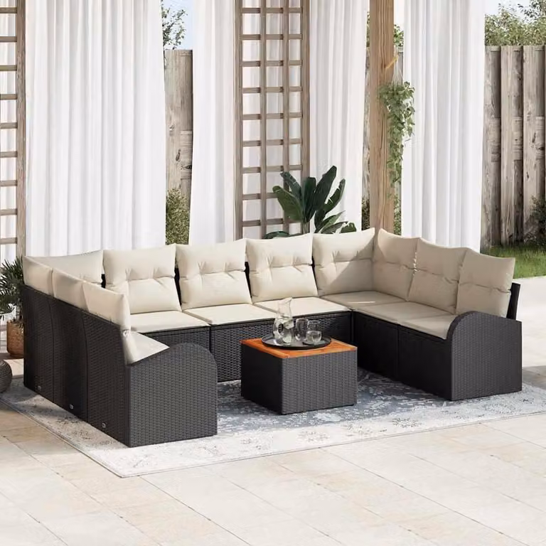 Maison Exclusive - Set da giardino composto da 10 pezzi. Divano e poltrone in rattan sintetico nero e crema