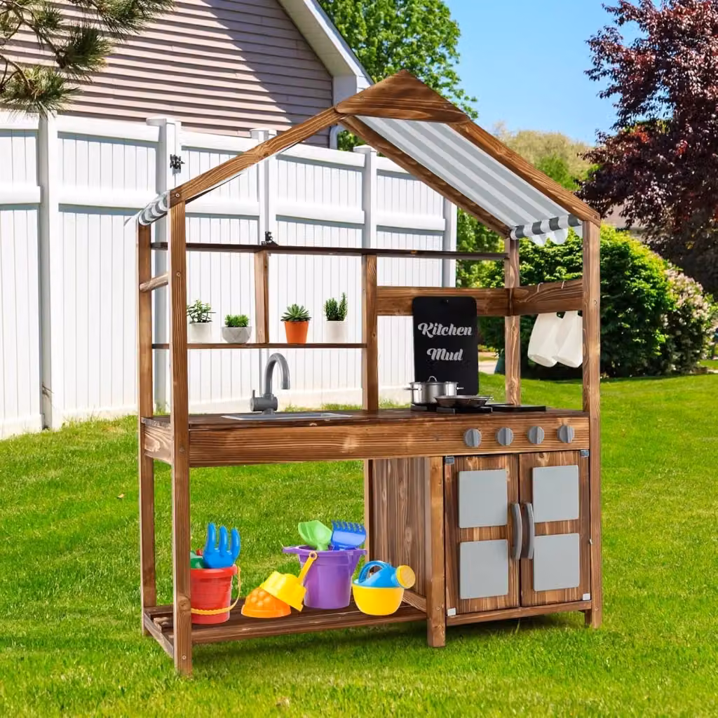 Set da cucina da giardino Costway in legno marrone con tettoia, rubinetto girevole e lavello rimovibile per bambini dai 3 ai 7 anni – 2