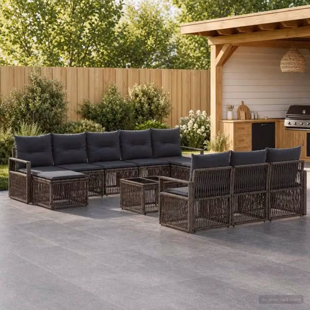 Set Divano da Giardino vidaXL a Forma a U in Polyrattan Grigio con 11 Pezzi e Cuscini Inclusi – 1