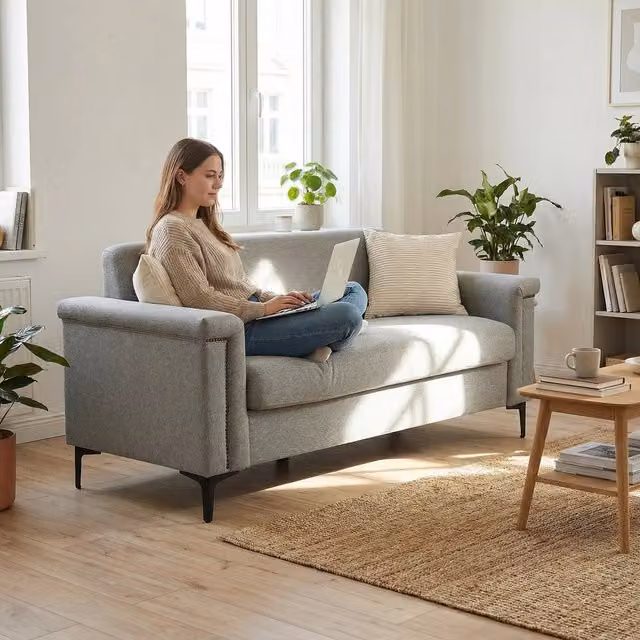 Divano Elegante Scandinavo ¨C Minimal ¨C Tessuto, struttura in legno massello, gambe in metallo, grigio chiaro