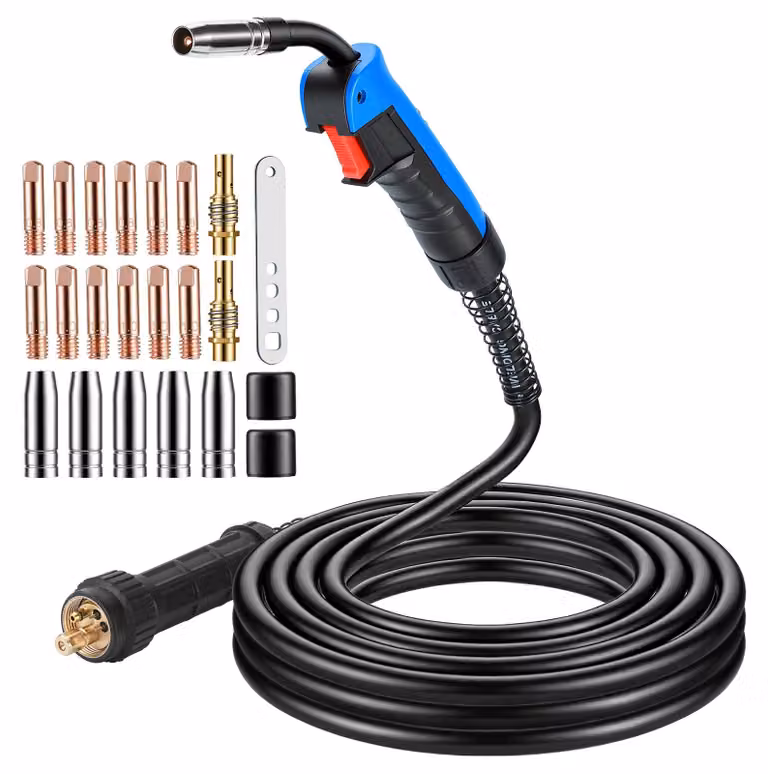 Kit saldatrice MIG/MAG, set di tubi per gas di protezione da 5 metri con connettore Euro, set di 22 componenti di ricambio, inclusi diffusore in rame e ugelli di contatto, per correnti fino a 180A