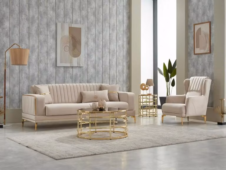 Garnitur Sofagarnitur Couch Polstersofa Dreisitzer Sessel Beige 2tlg