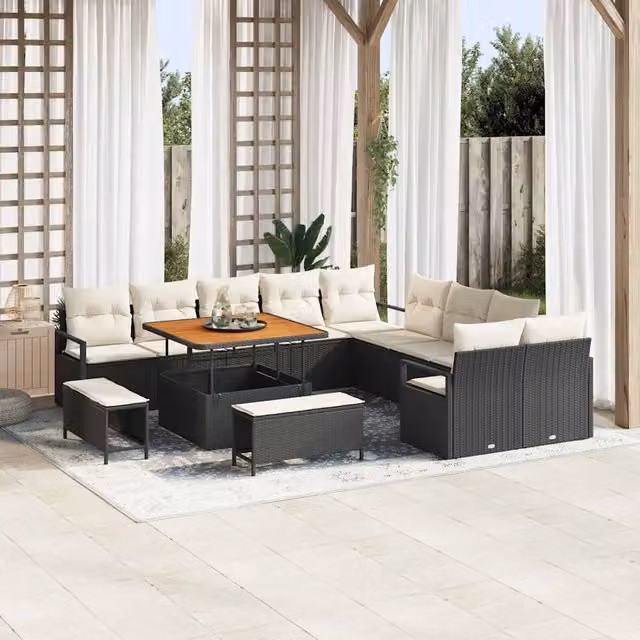 Set Divano da Giardino vidaXL a forma a U in Polyrattan Nero con Cuscini e Tavolino da Esterno – 1