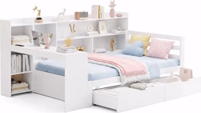 Letto singolo multifunzione 90x200 cm con scrivania; prese USB e cassetti; bianco