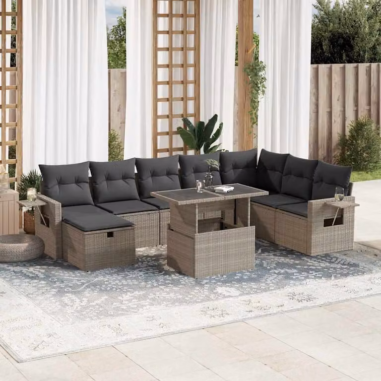 vidaXL Set Divano da Giardino a L 9pz con Cuscini Grigio Moderno in Polyrattan e Acciaio
