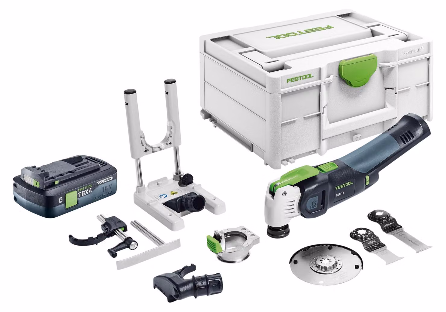 Set base Festool OSC 18 E Oscillatore a batteria 18 V Starlock Max Brushless + 1x batteria 4,0 Ah + set di 7 accessori + Systainer - senza caricabatterie