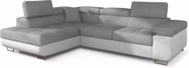 Divano angolare convertibile MENTON MEUBLORAMA in velluto verde, con angolo a sinistra, funzione letto, poggiatesta regolabile e contenitore - L: 272 cm, P: 145 cm, H: 85 cm