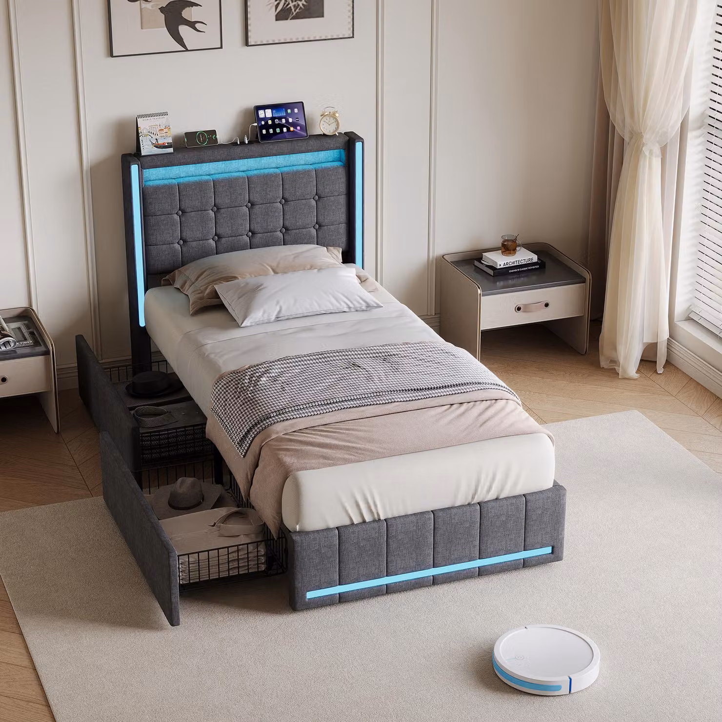 Letto imbottito REMZETTA, 90x200 cm, singola, con cassetto, LED RGB, porta USB-C, testiera con vano portaoggetti, rete a doghe, lenzuola, grigio