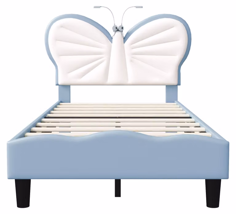 Letto Moonbite a forma di farfalla, 90x190 cm, blu, con luci LED per la lettura, testiera in velluto, design misto adatto a bambini di entrambi i sessi