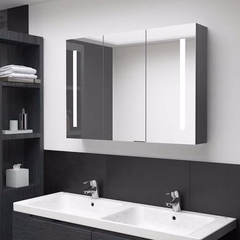 Armadietto da bagno con specchio e illuminazione LED vidaXL, Grigio, L: 89 cm, P: 14 cm, H: 62 cm