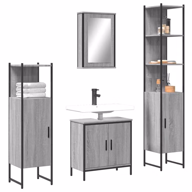 Set di mobili da bagno moderno vidaXL in legno e metallo colore grigio composto da mobile lavabo, pensile con specchio e colonna alta