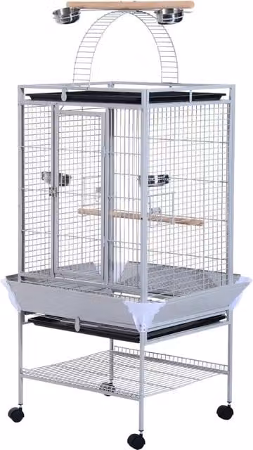 EasyComfort Voliera per Uccelli con Ruote, Vaschette in Acciaio e Trespoli in Legno, Argento, Altezza: 161.5 cm