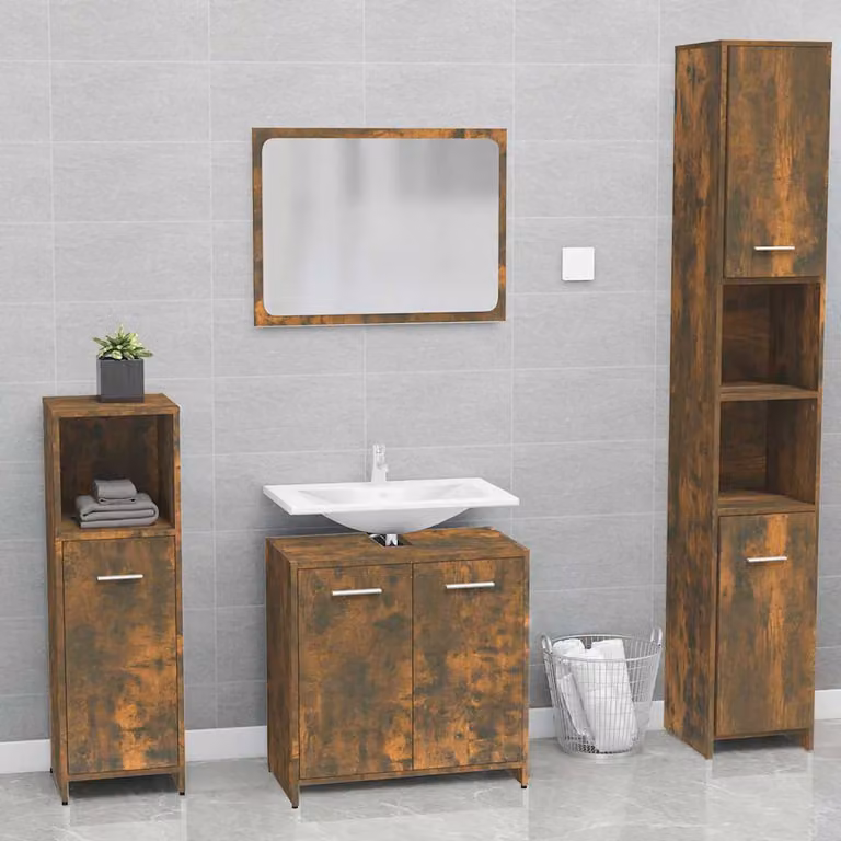 Set di mobili da bagno moderni vidaXL in legno multistrato rovere marrone con armadietto a muro e mobile sottolavabo L/P/H: 60 x 33 x 61 cm
