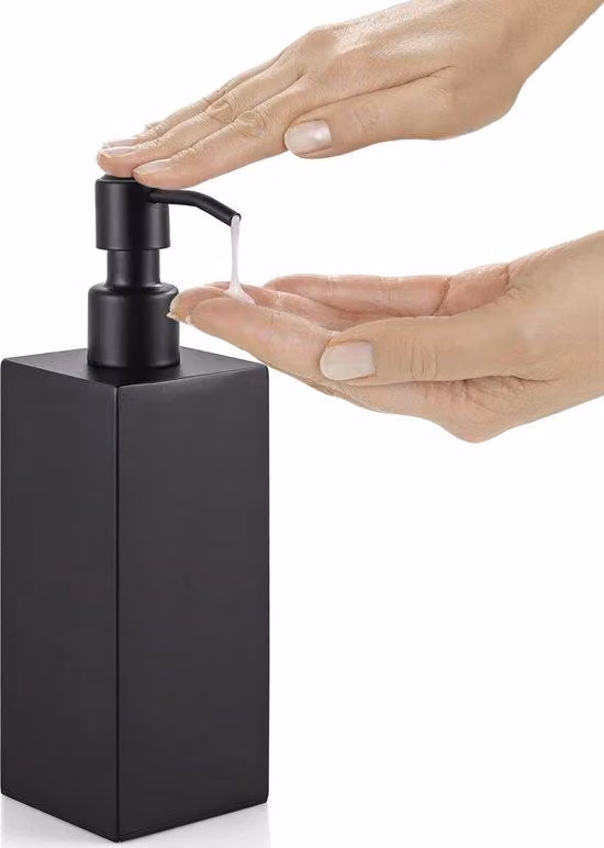 Distributore di sapone liquido, capacità 350 ml, acciaio inossidabile, colore nero, con pompa, da appoggio, ricaricabile, facile da premere