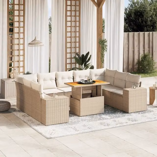 Set Divano da Giardino VIDAXL in Polyrattan con 10 Cuscini Beige Moderno