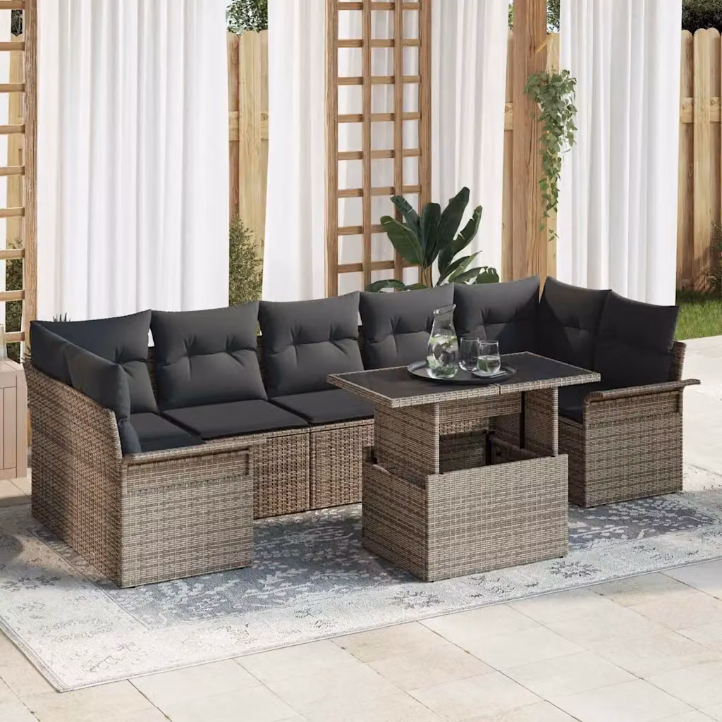Set Divano da Giardino vidaXL 8 pz Grigio con Cuscini e Tavolino in Rattan e Metallo – 1