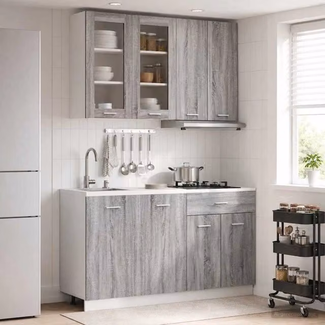 Set di unità cucina moderna vidaXL da 4 pezzi in MDF grigio con ante in vetro e ripiani interni – 1