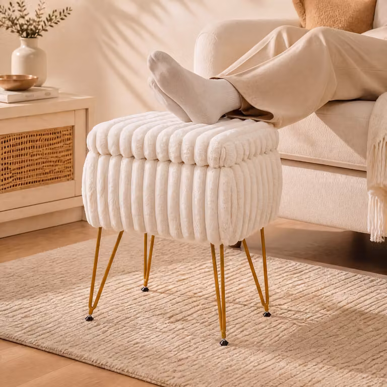 Sgabello da trucco Costway con contenitore e coperchio reversibile, sedia da toeletta moderna in tessuto beige per camera da letto e salotto