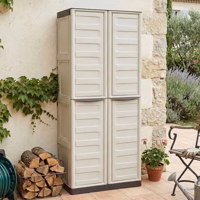 Armadio multiuso da esterno Adenina DMORA in polipropilene con 2 ante e 3 ripiani, colore Beige, L: 70 cm, P: 39 cm, H: 165 cm – 1