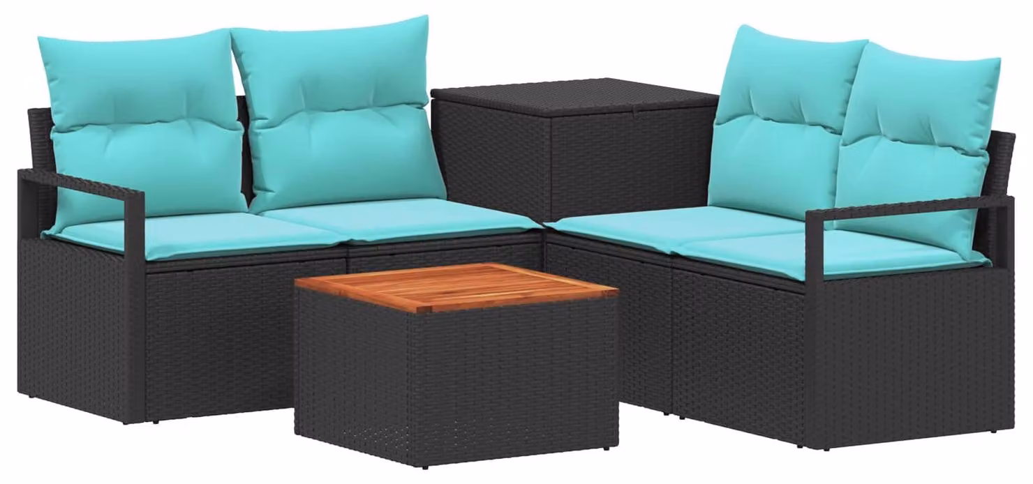 Set di divani da esterno, 6 pezzi, colore nero e blu, realizzato in rattan sintetico e acciaio