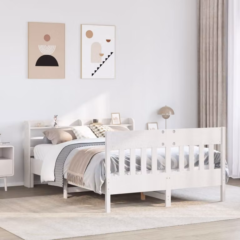 vidaXL Letto in Legno di Pino Massello Bianco con Ripiani Laterali 150 x 200 cm
