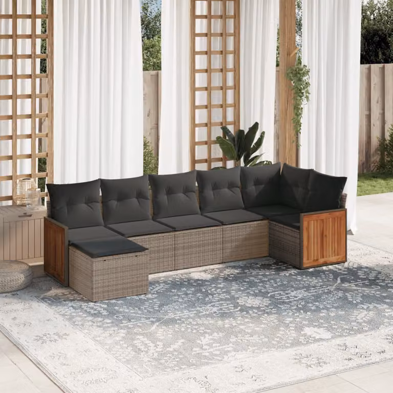 Set di divani da giardino vidaXL in polyrattan grigio con cuscini, tavolino e pouf, design moderno a forma di L