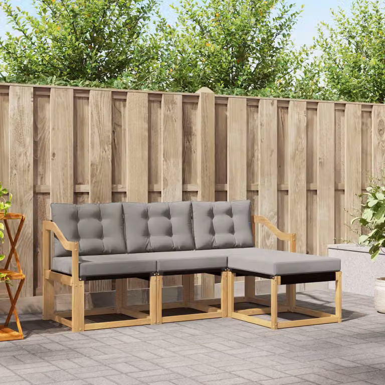 vidaXL Set di divani da esterno a L composto da 4 pezzi in legno di acacia con cuscini, colori bianco, grigio e marrone